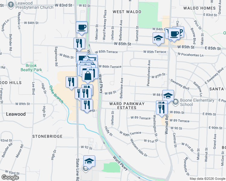map of restaurants, bars, coffee shops, grocery stores, and more near 8710 Jarboe Street in Kansas City