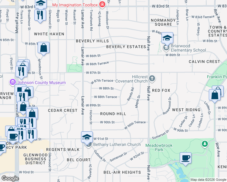 map of restaurants, bars, coffee shops, grocery stores, and more near 5925 West 87th Terrace in Overland Park
