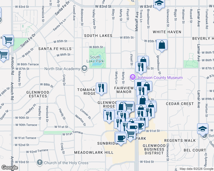 map of restaurants, bars, coffee shops, grocery stores, and more near 8735 Foster Lane in Overland Park