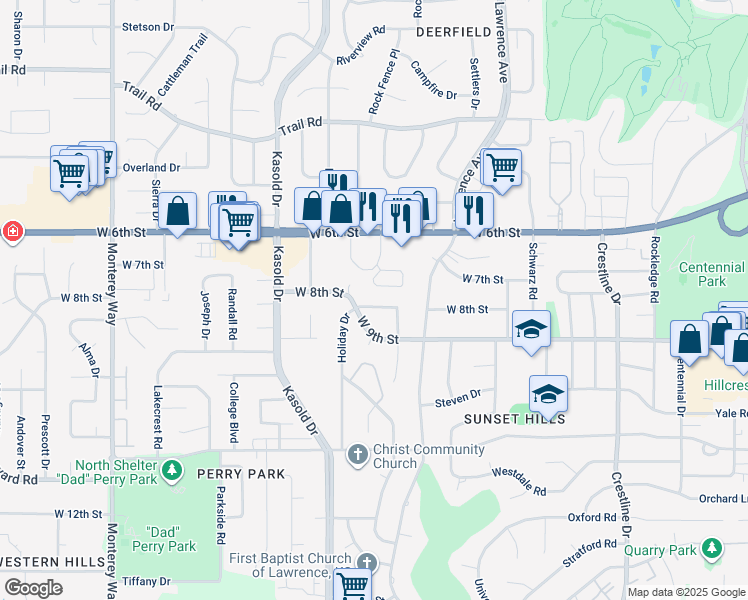 map of restaurants, bars, coffee shops, grocery stores, and more near 660 Gateway Court in Lawrence