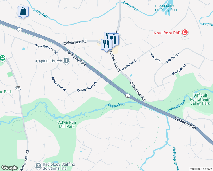 map of restaurants, bars, coffee shops, grocery stores, and more near 10106 Mill Wheel Lane in Vienna