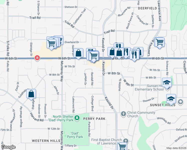 map of restaurants, bars, coffee shops, grocery stores, and more near 722 Randall Road in Lawrence