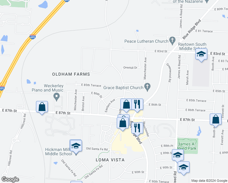 map of restaurants, bars, coffee shops, grocery stores, and more near 8503 Crystal Avenue in Kansas City
