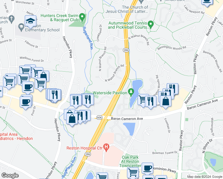 map of restaurants, bars, coffee shops, grocery stores, and more near 1711 Stuart Pointe Lane in Herndon