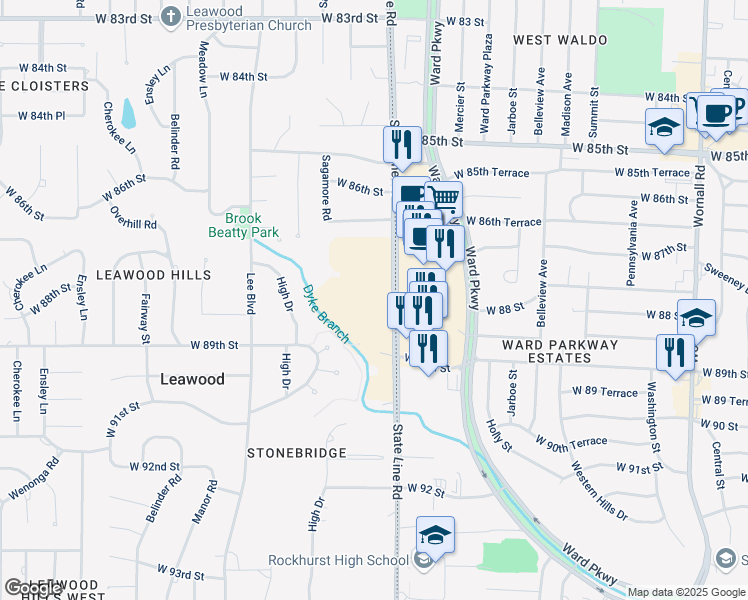 map of restaurants, bars, coffee shops, grocery stores, and more near 8700 State Line Road in Leawood