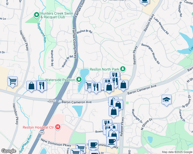 map of restaurants, bars, coffee shops, grocery stores, and more near Waterside View Drive in Reston