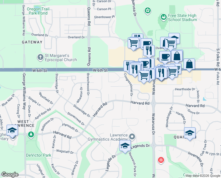 map of restaurants, bars, coffee shops, grocery stores, and more near 5214 Congressional Place in Lawrence
