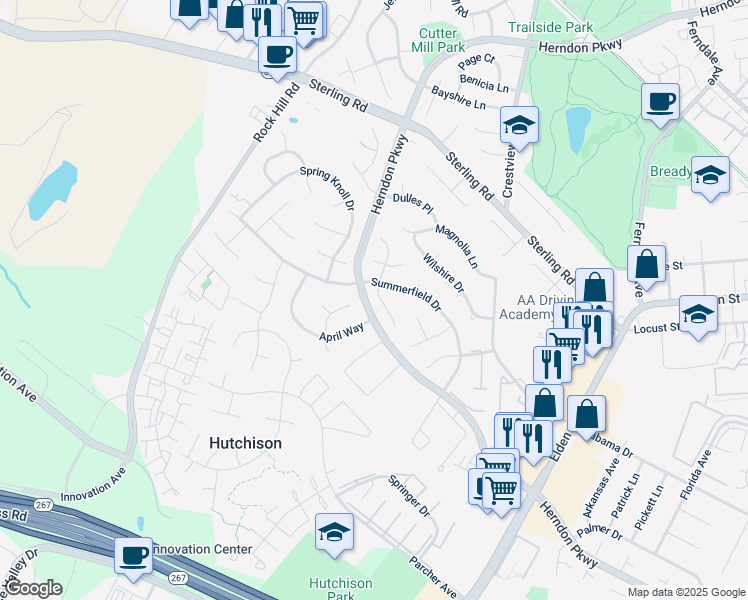 map of restaurants, bars, coffee shops, grocery stores, and more near 713 Fall Place in Herndon
