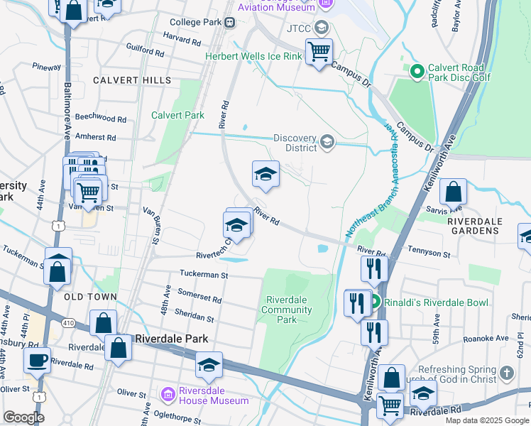 map of restaurants, bars, coffee shops, grocery stores, and more near 4700 River Road in Riverdale Park