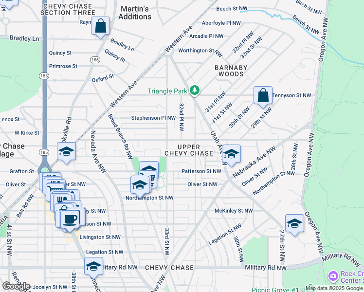 map of restaurants, bars, coffee shops, grocery stores, and more near 3220 Rittenhouse St NW in Washington
