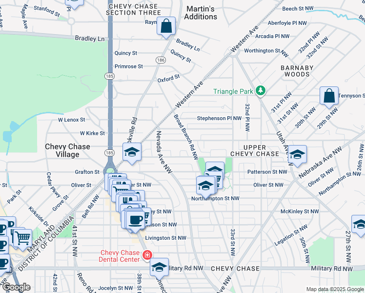 map of restaurants, bars, coffee shops, grocery stores, and more near 3512 Rittenhouse Street Northwest in Washington