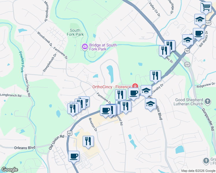 map of restaurants, bars, coffee shops, grocery stores, and more near 16 Rio Grande Circle in Florence