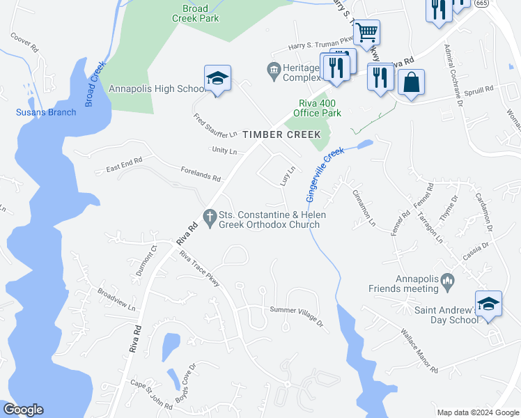 map of restaurants, bars, coffee shops, grocery stores, and more near 2738 Alfred Circle in Annapolis