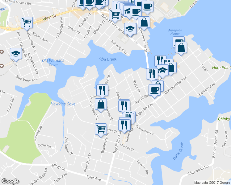 map of restaurants, bars, coffee shops, grocery stores, and more near 310 Adams Street in Annapolis