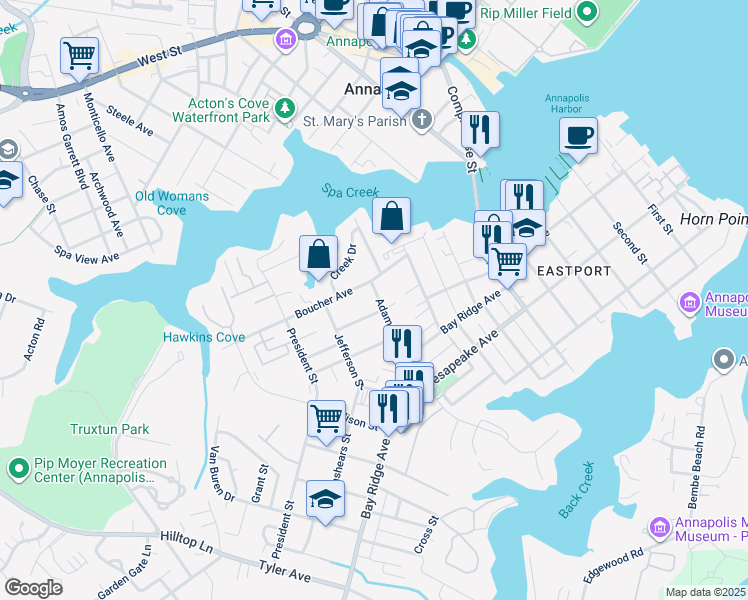 map of restaurants, bars, coffee shops, grocery stores, and more near 310 Adams Street in Annapolis