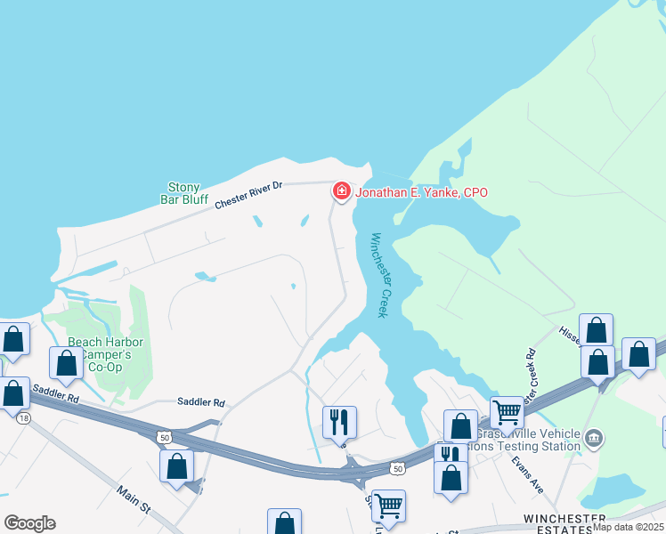 map of restaurants, bars, coffee shops, grocery stores, and more near 615 Chester River Beach Road in Grasonville