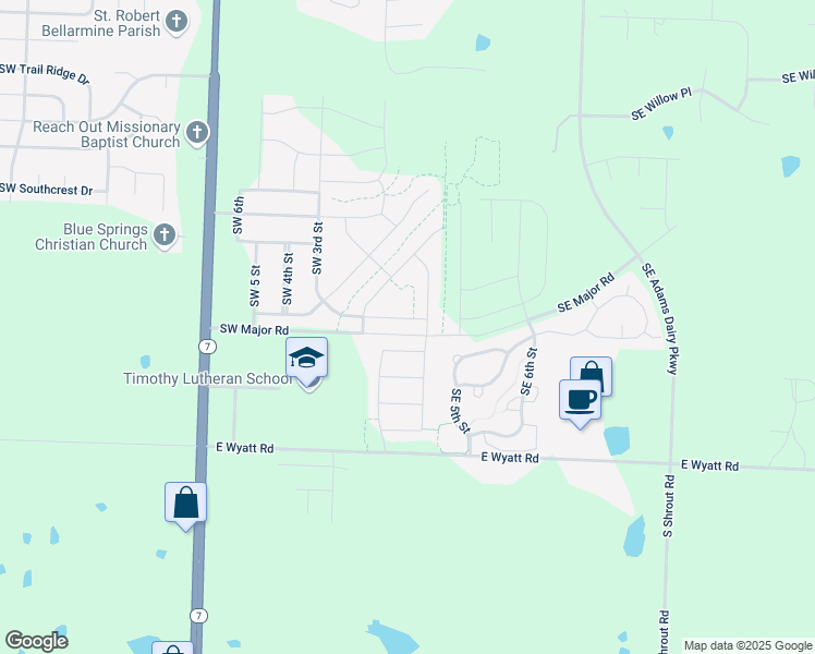 map of restaurants, bars, coffee shops, grocery stores, and more near 8031 Southwest 1st Street in Blue Springs