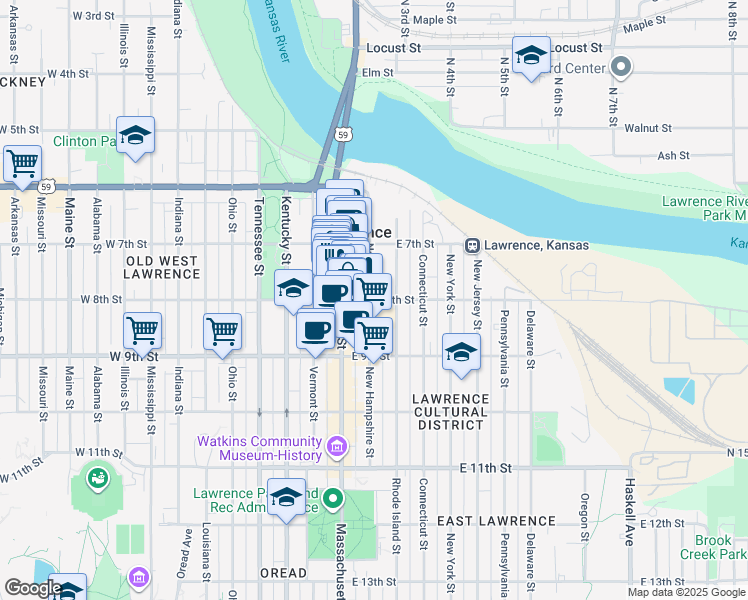 map of restaurants, bars, coffee shops, grocery stores, and more near 800 New Hampshire Street in Lawrence