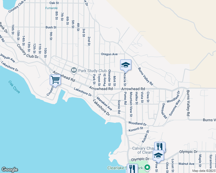 map of restaurants, bars, coffee shops, grocery stores, and more near 3685 Oleander Street in Clearlake