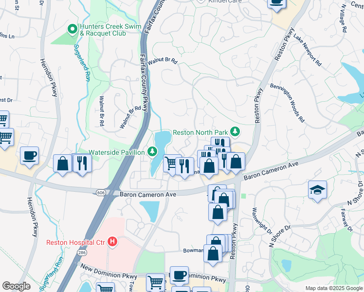 map of restaurants, bars, coffee shops, grocery stores, and more near 12016 Waterside View Drive in Reston