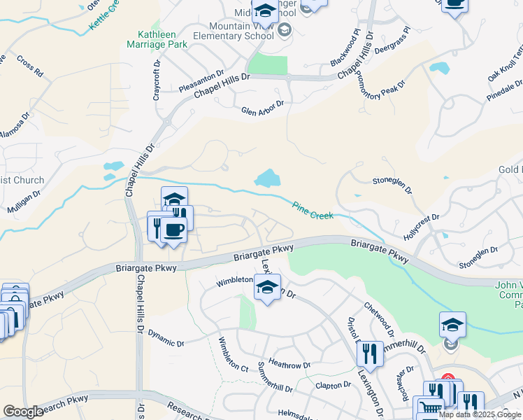 map of restaurants, bars, coffee shops, grocery stores, and more near 2646 Pine Knoll View in Colorado Springs