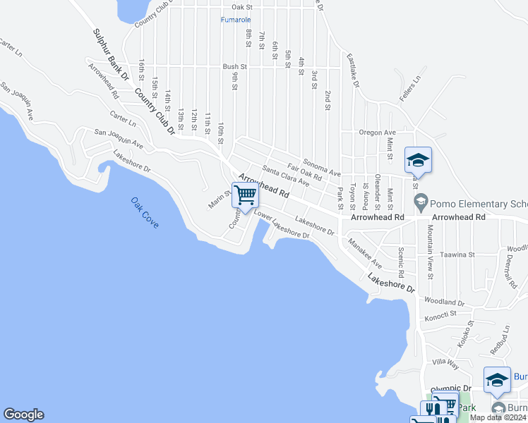 map of restaurants, bars, coffee shops, grocery stores, and more near 13510 Lakeshore Drive in Clearlake