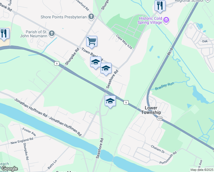 map of restaurants, bars, coffee shops, grocery stores, and more near 843 Seashore Road in Cape May