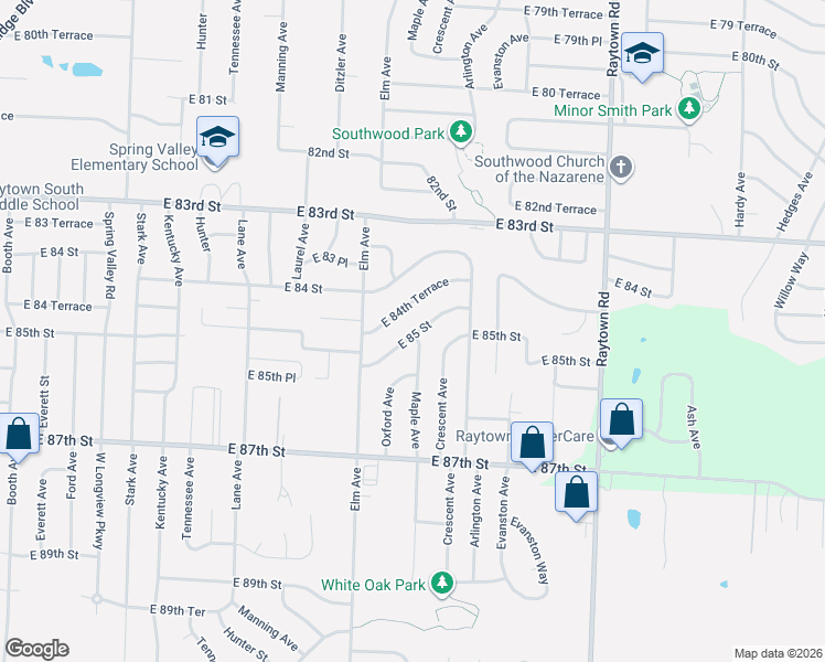 map of restaurants, bars, coffee shops, grocery stores, and more near 9317 East 84th Terrace in Raytown