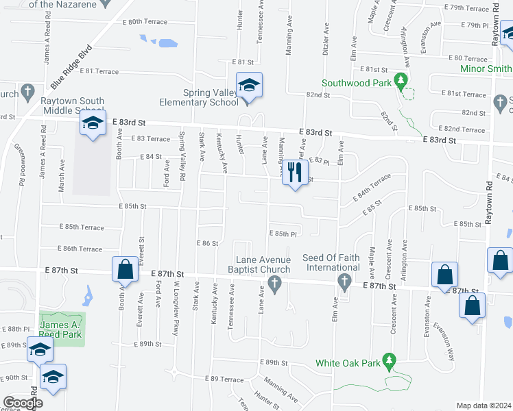 map of restaurants, bars, coffee shops, grocery stores, and more near 8434 Lane Place in Raytown