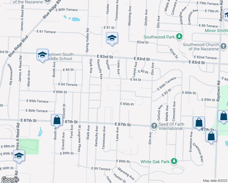 map of restaurants, bars, coffee shops, grocery stores, and more near 8450 Lane Drive in Raytown