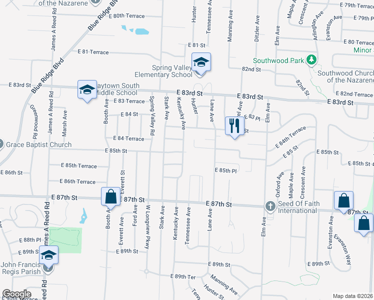 map of restaurants, bars, coffee shops, grocery stores, and more near 8821 East 84 Terrace in Raytown