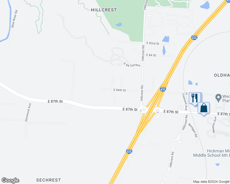 map of restaurants, bars, coffee shops, grocery stores, and more near 8518 Drury Avenue in Kansas City