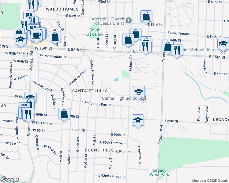 map of restaurants, bars, coffee shops, grocery stores, and more near 8701 Chestnut Circle in Kansas City