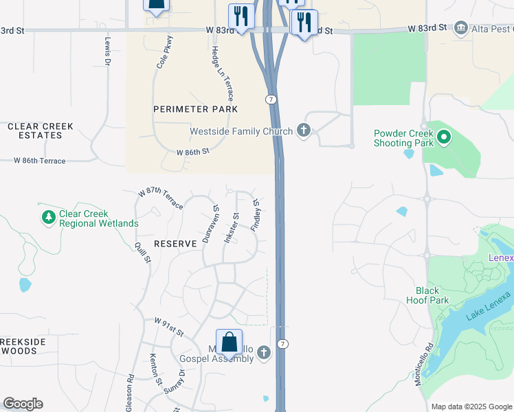 map of restaurants, bars, coffee shops, grocery stores, and more near 23244 West 87th Terrace in Lenexa