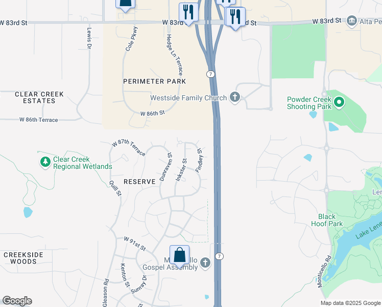 map of restaurants, bars, coffee shops, grocery stores, and more near 5342 West 87th Terrace in Shawnee