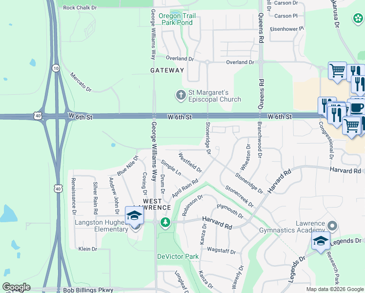 map of restaurants, bars, coffee shops, grocery stores, and more near 5651 West 6th Street in Lawrence