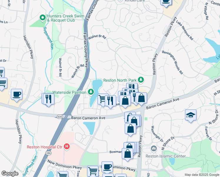 map of restaurants, bars, coffee shops, grocery stores, and more near 12016 Waterside View Drive in Reston