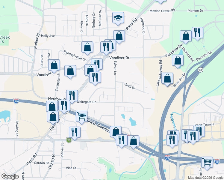 map of restaurants, bars, coffee shops, grocery stores, and more near 1710 Sylvan Lane in Columbia