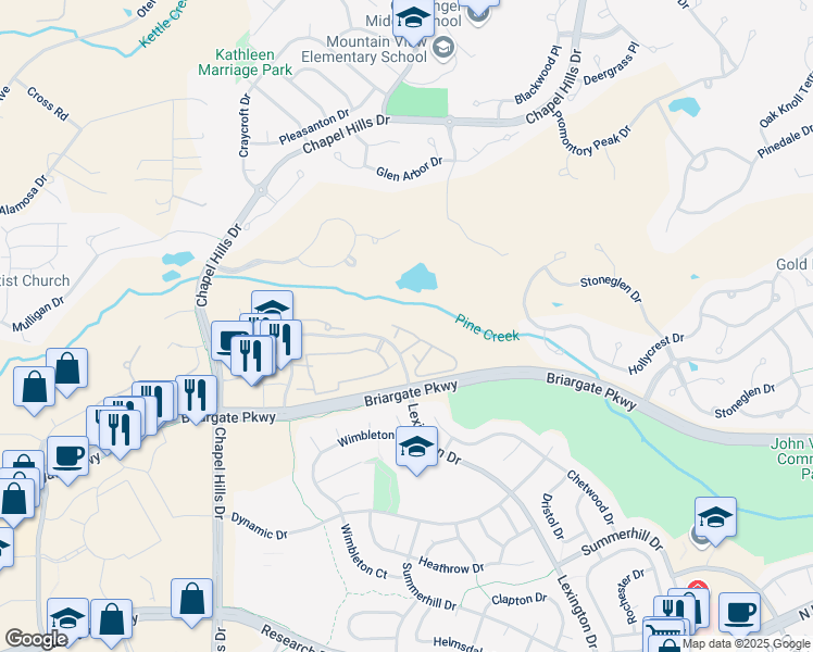 map of restaurants, bars, coffee shops, grocery stores, and more near 2646 Pine Knoll View in Colorado Springs