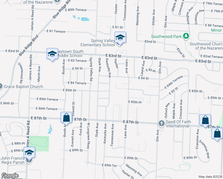 map of restaurants, bars, coffee shops, grocery stores, and more near 8821 East 84 Terrace in Raytown