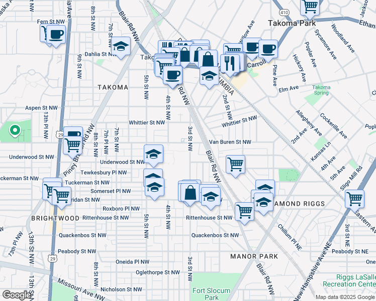 map of restaurants, bars, coffee shops, grocery stores, and more near 6500 3rd Street Northwest in Washington