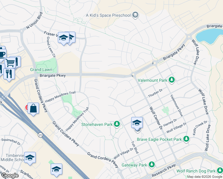 map of restaurants, bars, coffee shops, grocery stores, and more near 9788 Surrey Run Drive in Colorado Springs