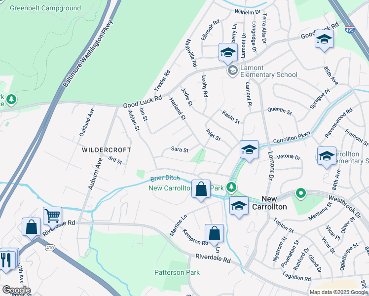 map of restaurants, bars, coffee shops, grocery stores, and more near 7316 Sara Street in New Carrollton