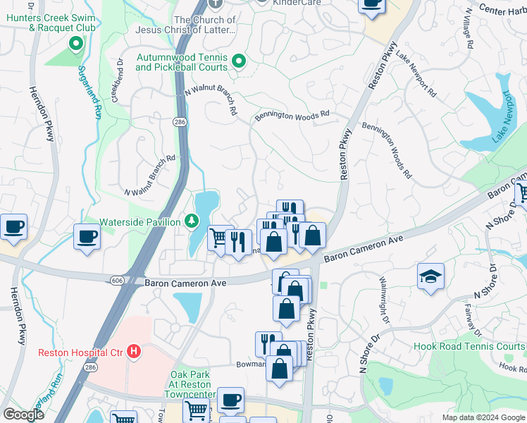 map of restaurants, bars, coffee shops, grocery stores, and more near 11918 Crosswind Court in Reston