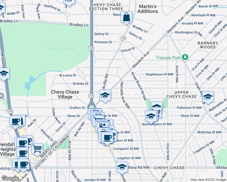 map of restaurants, bars, coffee shops, grocery stores, and more near 6025 Western Ave NW in Washington