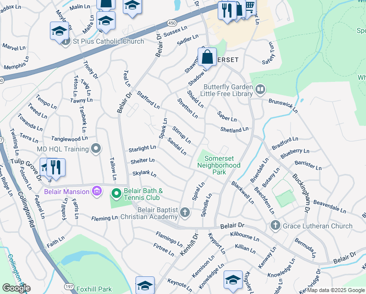 map of restaurants, bars, coffee shops, grocery stores, and more near 12414 Sandal Lane in Bowie