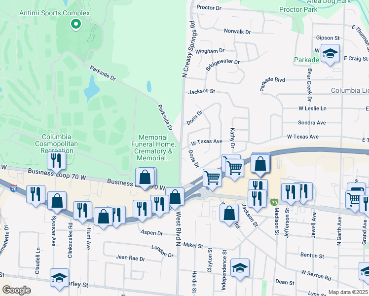 map of restaurants, bars, coffee shops, grocery stores, and more near 922 West Texas Avenue in Columbia