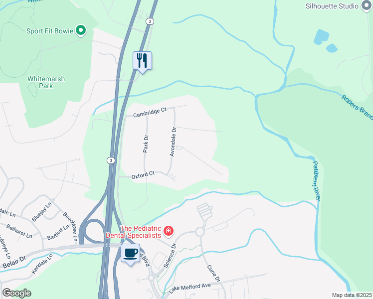 map of restaurants, bars, coffee shops, grocery stores, and more near 16400 Abbey Drive in Bowie