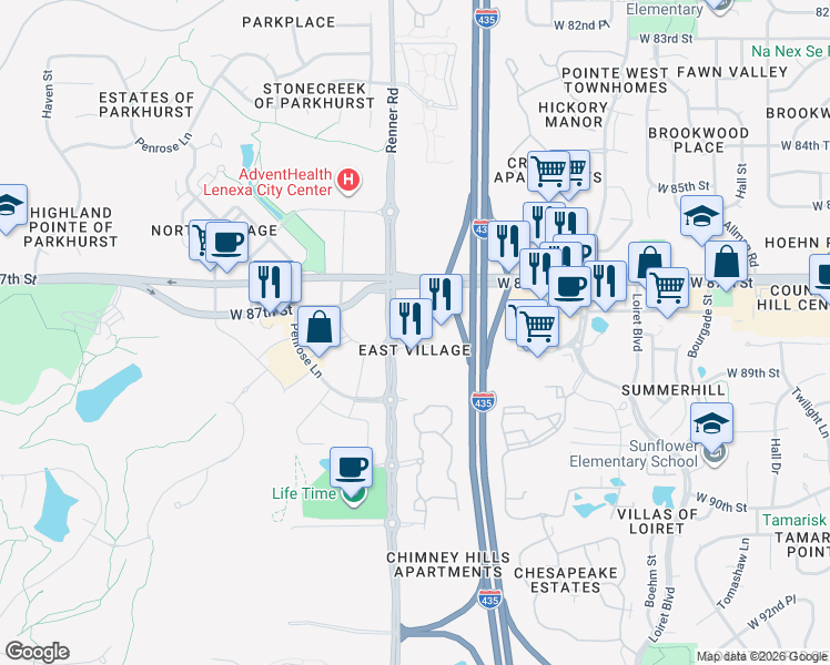 map of restaurants, bars, coffee shops, grocery stores, and more near 8787 Renner Boulevard in Lenexa
