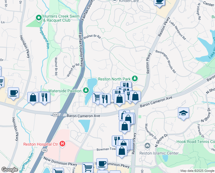 map of restaurants, bars, coffee shops, grocery stores, and more near 12026 Waterside View Drive in Reston